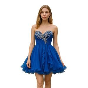 MAC DUGGAL Dress Size 4 Evening Gown Sequin Rhinestone Mini Strapless Blue